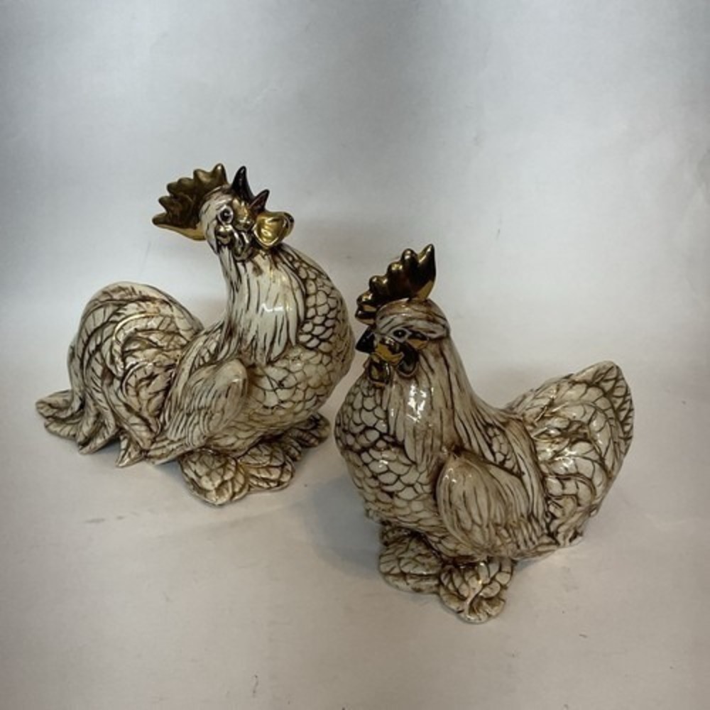 Vintage Set of 2 Gold/Brown Glazed Pottery Rooster & Chicken Figurines 6" USA